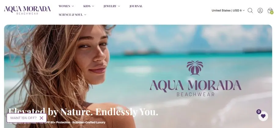 Homepage of the Aqua Morada online store